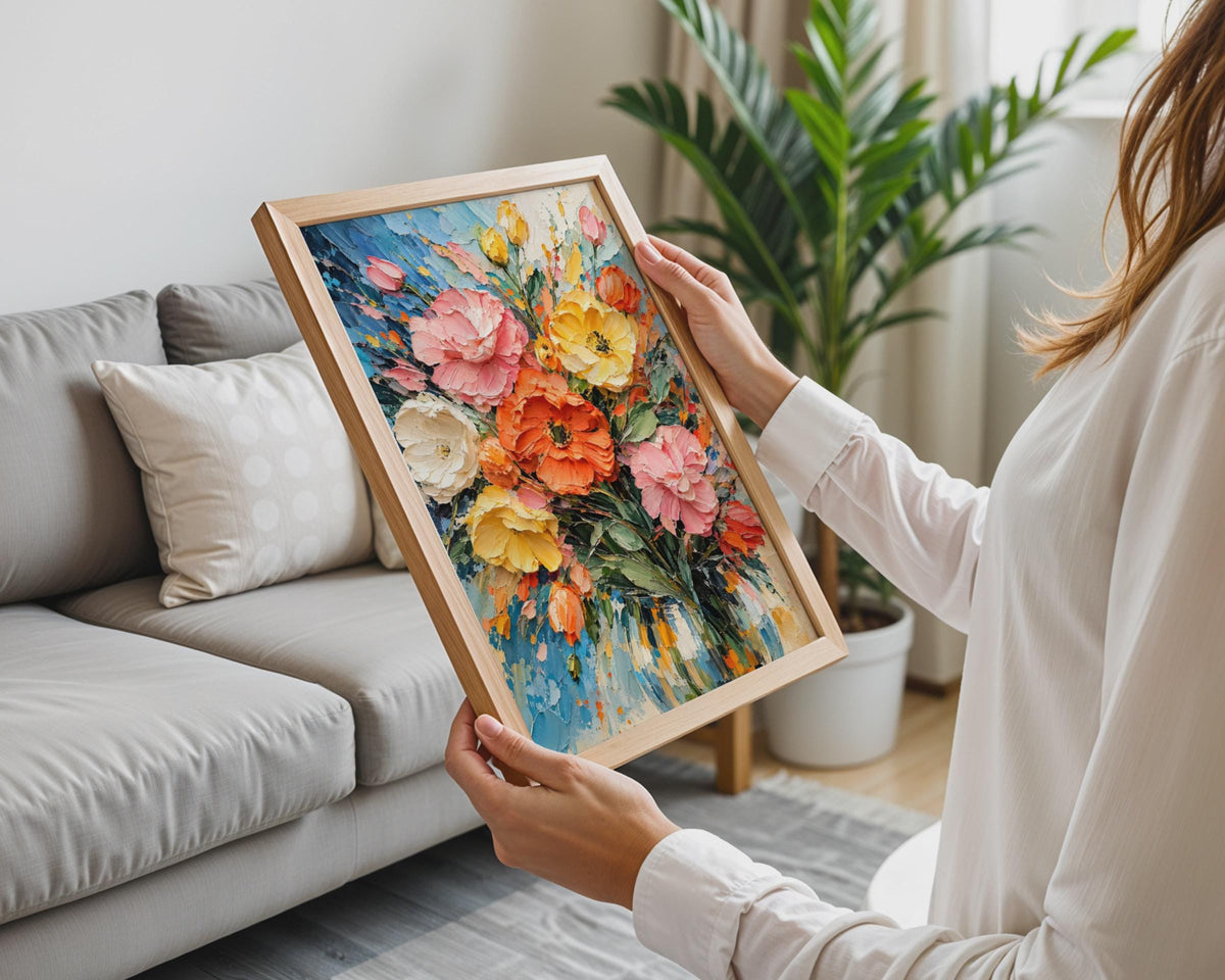 Impasto Floral Bouquet Poster, Bold Pink Orange Yellow Flowers, Textured Painting Style (A4)