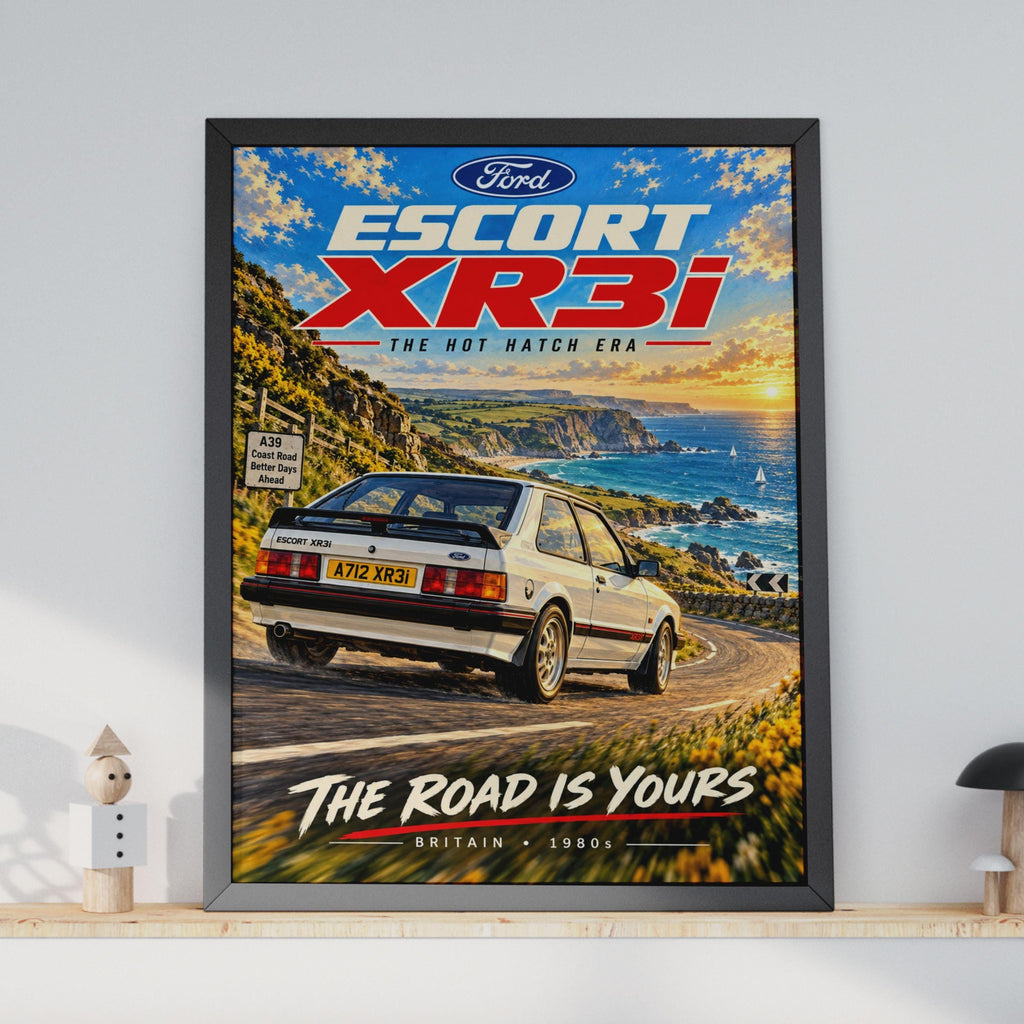 Ford Escort XR3i Poster, Hot Hatch Wall Art, 1980s Classic Car Print, British Coastal Road, Retro Car Gift for Him, A4 Car Enthusiast