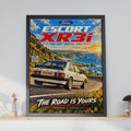 Ford Escort XR3i Poster, Hot Hatch Wall Art, 1980s Classic Car Print, British Coastal Road, Retro Car Gift for Him, A4 Car Enthusiast