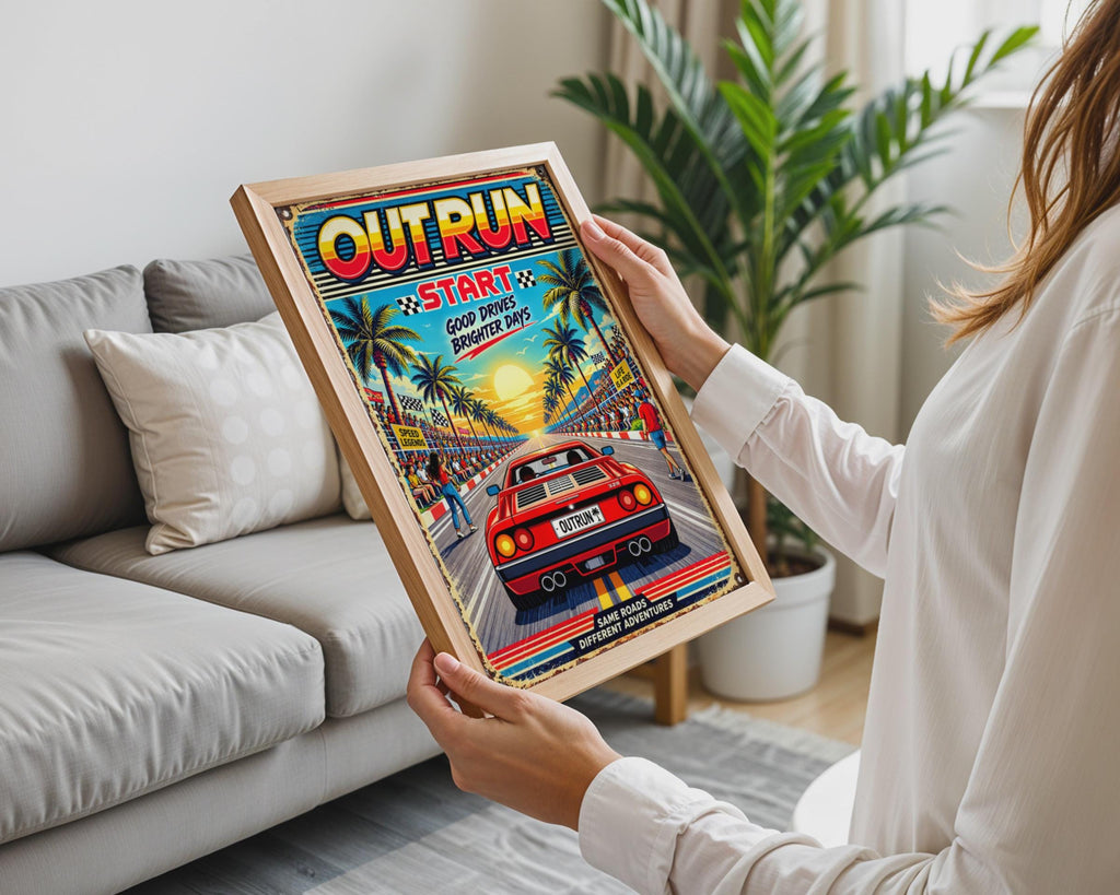 Outrun Retro Racing Poster, 80s Arcade Car Wall Art, Red Supercar Print, Palm Tree Sunset (Digital Download)