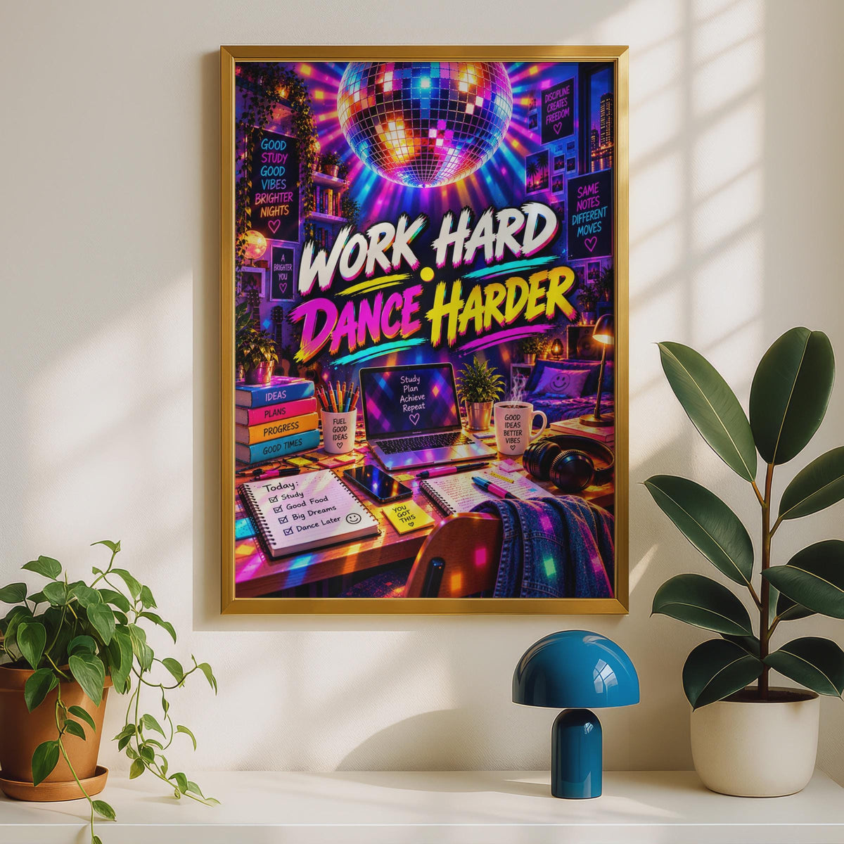 Work Hard Dance Harder Disco Ball Poster, Neon Retro Study Room Art (Print)