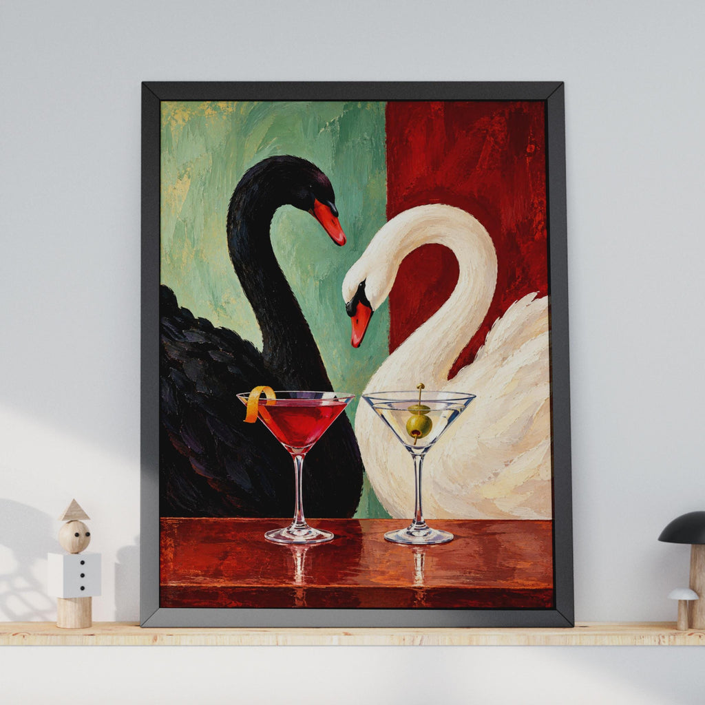 Black White Swan Cocktail Art Print, Bold Maximalist Wall Decor (Physical Poster)