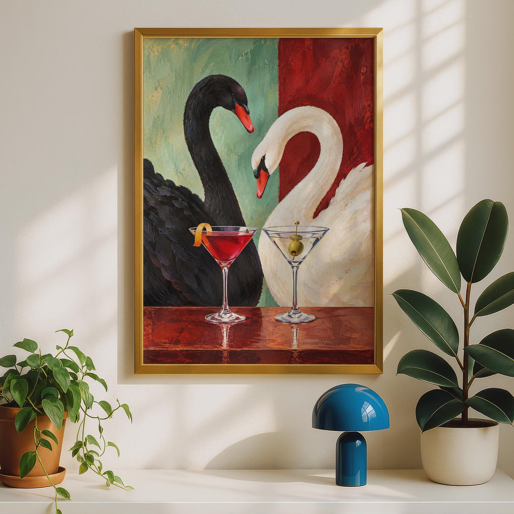 Black White Swan Cocktail Art Print, Bold Maximalist Wall Decor (Physical Poster)