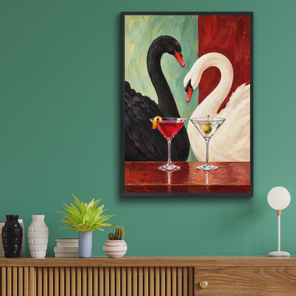 Black White Swan Cocktail Art Print, Bold Maximalist Wall Decor (Physical Poster)