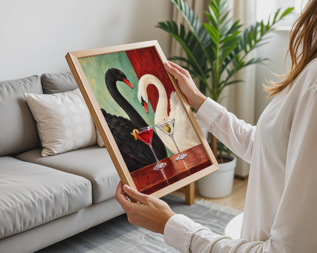 Black White Swan Cocktail Art Print, Bold Maximalist Wall Decor (Physical Poster)
