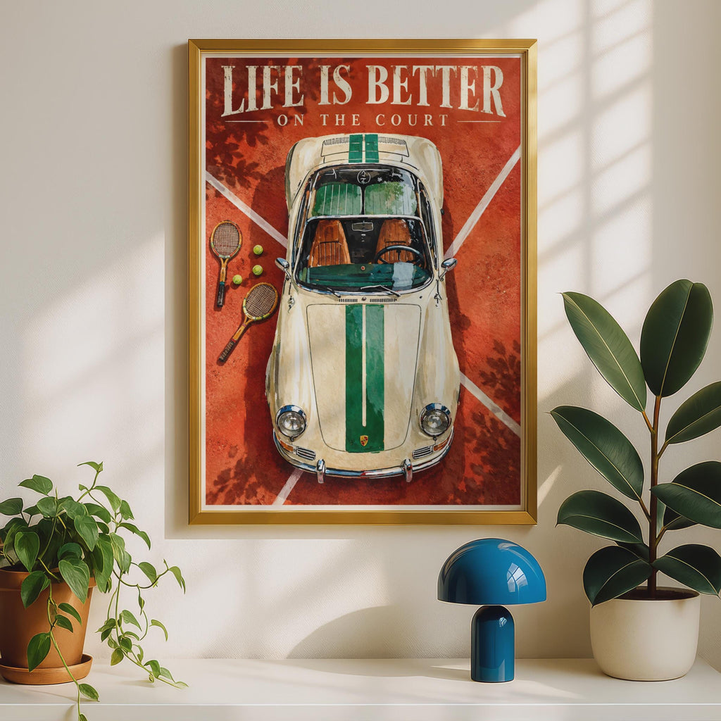Vintage Tennis Car Poster, Clay Court Sports Art Print (Digital Download)