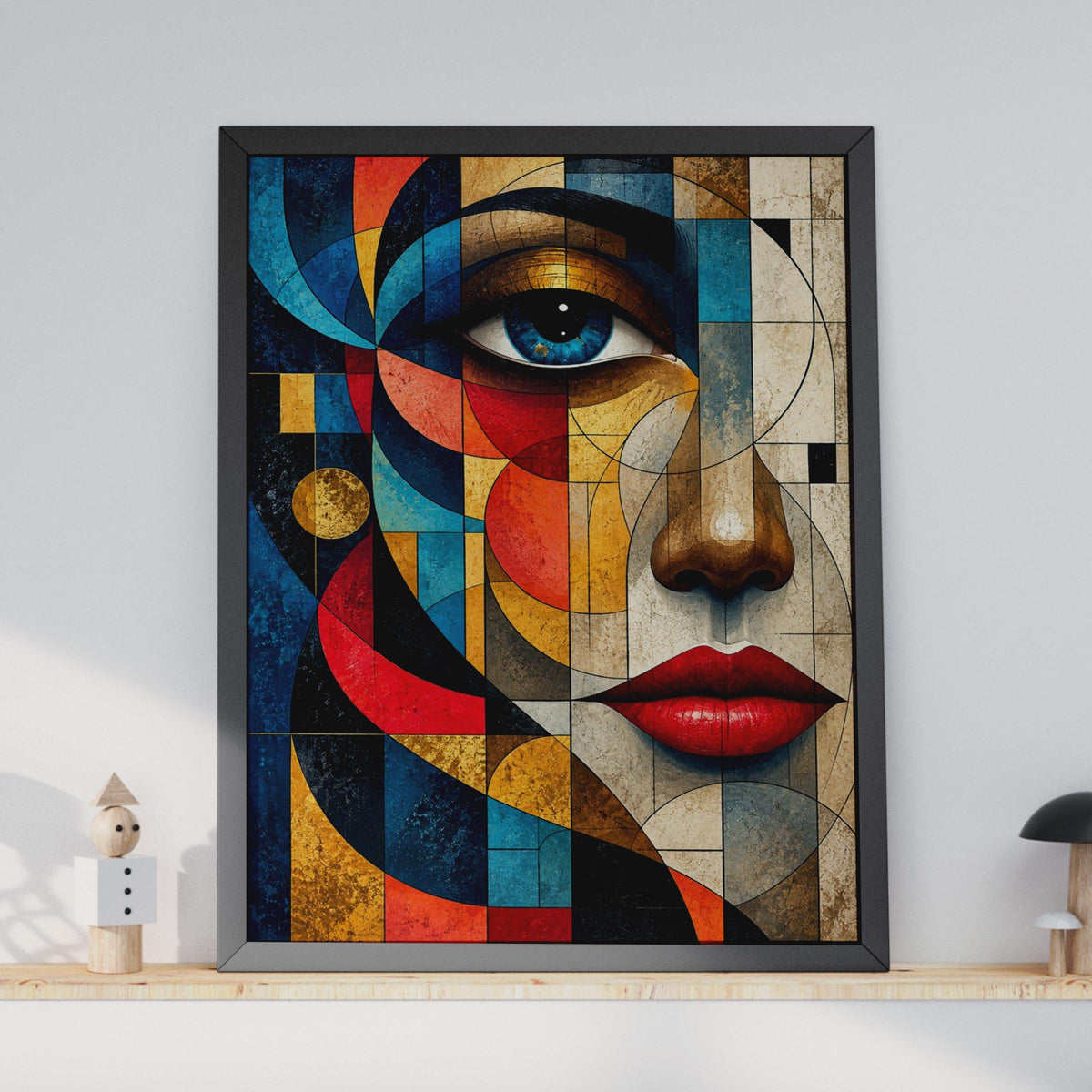 Cubist Woman Face Poster, Abstract Geometric Portrait, Bold Red Blue Gold Artwork (Print)