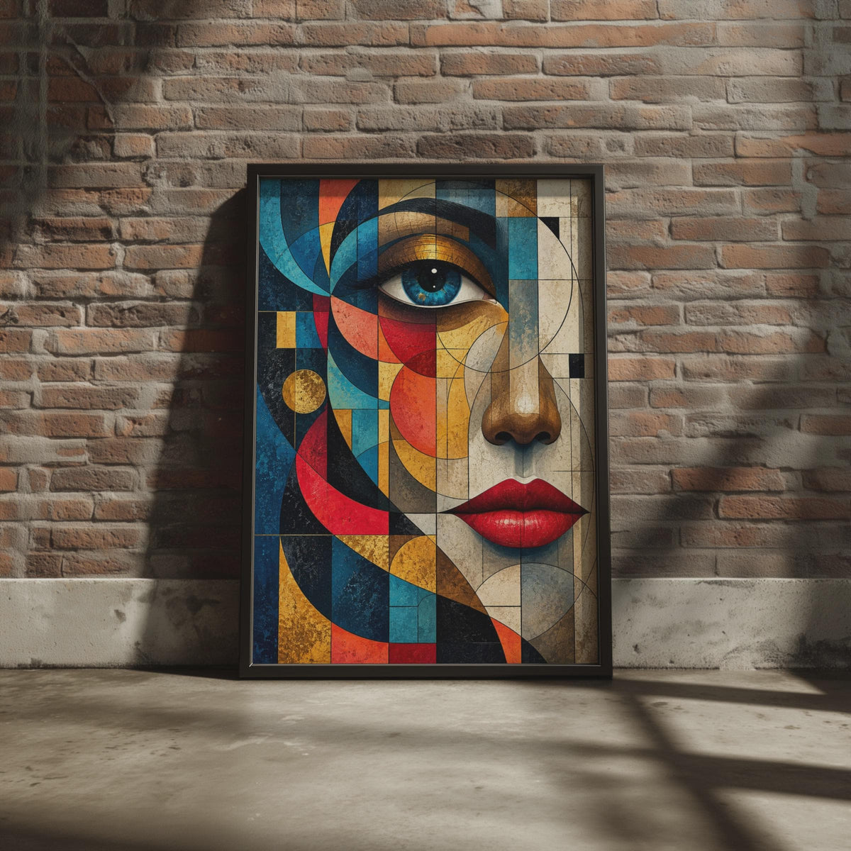 Cubist Woman Face Poster, Abstract Geometric Portrait, Bold Red Blue Gold Artwork (Print)