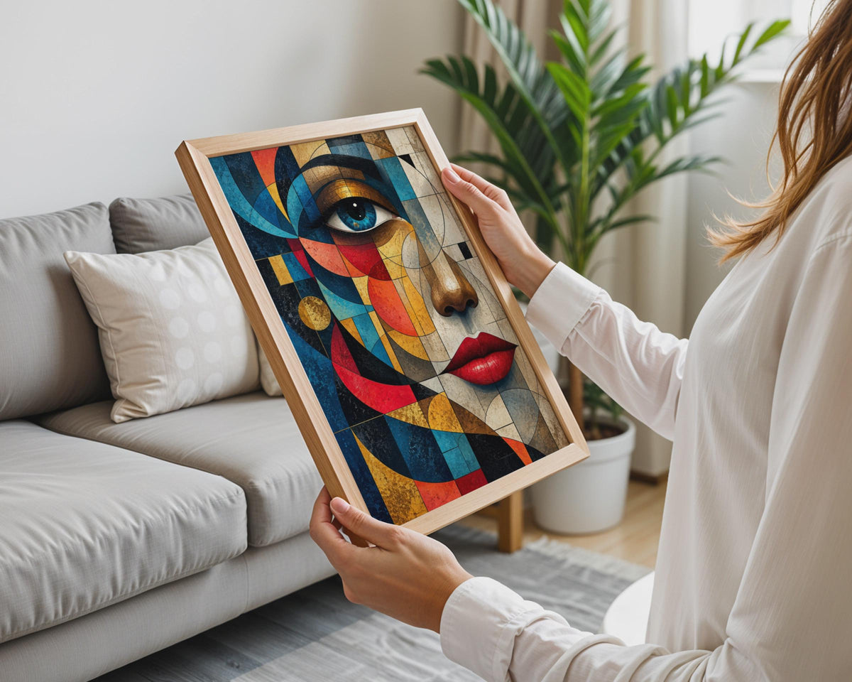 Cubist Woman Face Poster, Abstract Geometric Portrait, Bold Red Blue Gold Artwork (Print)