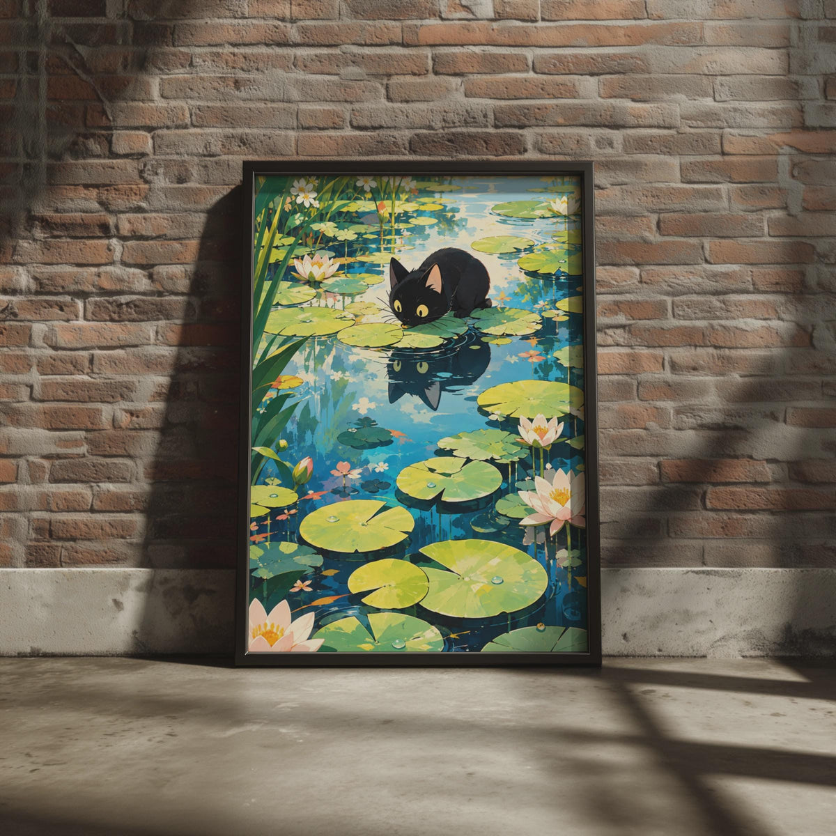 Anime Black Cat Lily Pond Poster, Curious Cat Botanical Wall Art (Print)