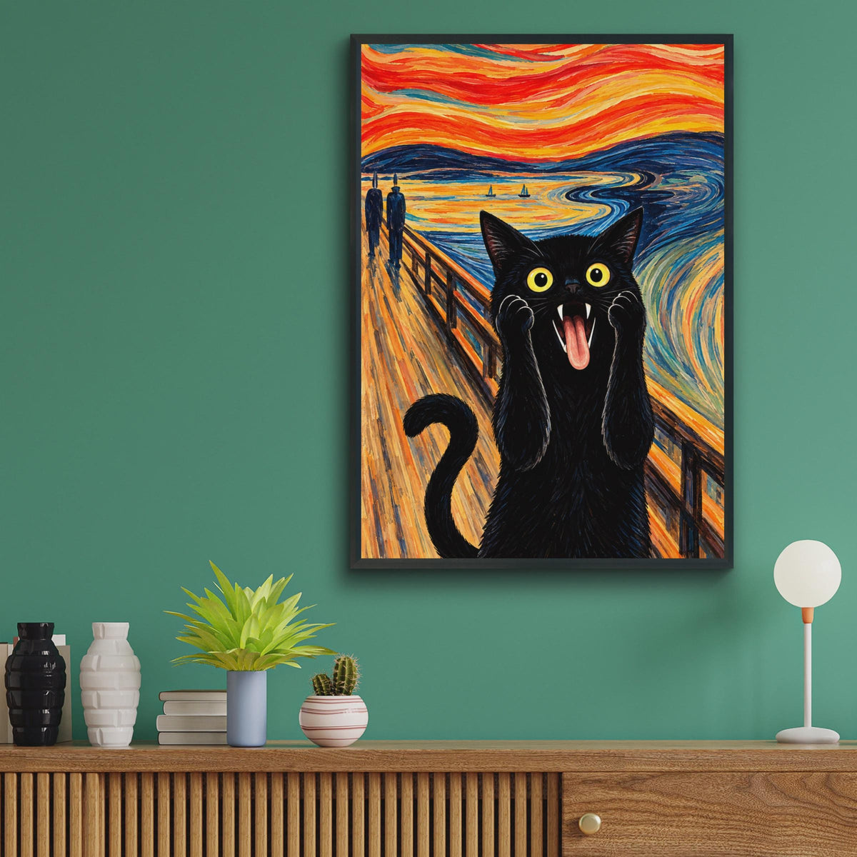 Black Cat Scream Parody Print, Munch Inspired Wall Art, Bold Colourful Home Decor