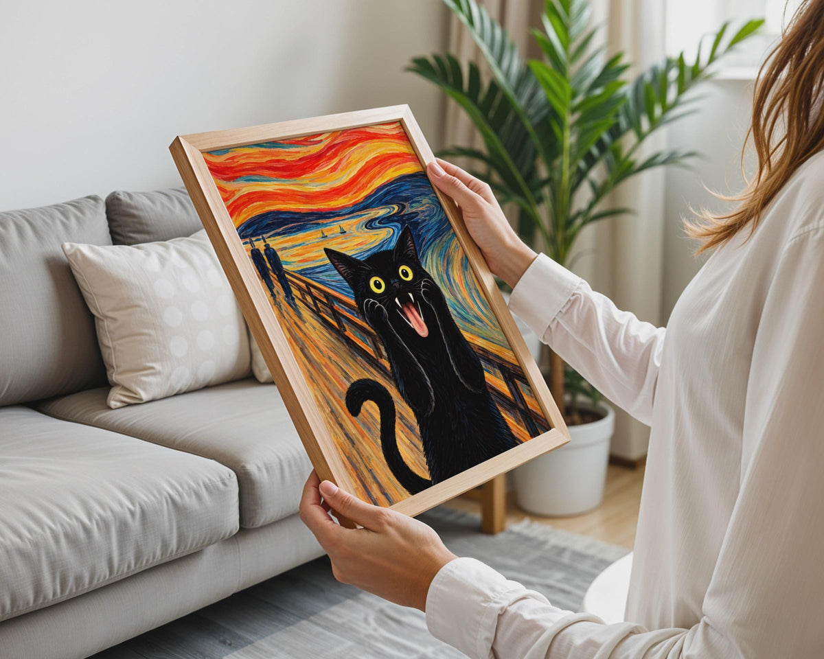 Black Cat Scream Parody Print, Munch Inspired Wall Art, Bold Colourful Home Decor