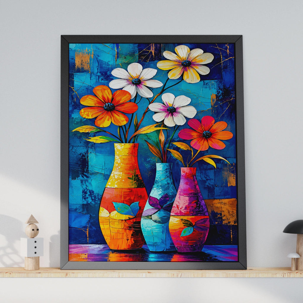 Bold Floral Vase Poster, Impasto Flower Still Life, Blue Orange Botanical Art (A4 Print)