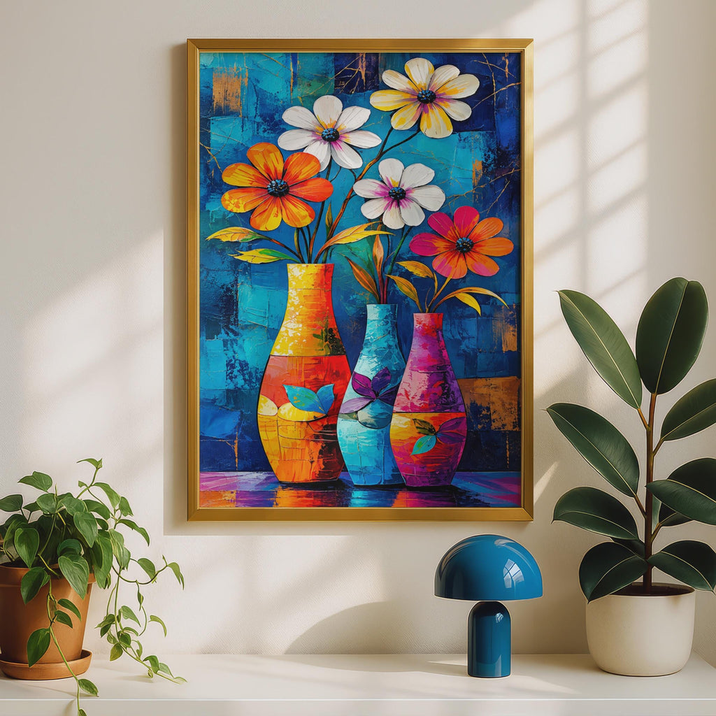 Bold Floral Vase Poster, Impasto Flower Still Life, Blue Orange Botanical Art (A4 Print)