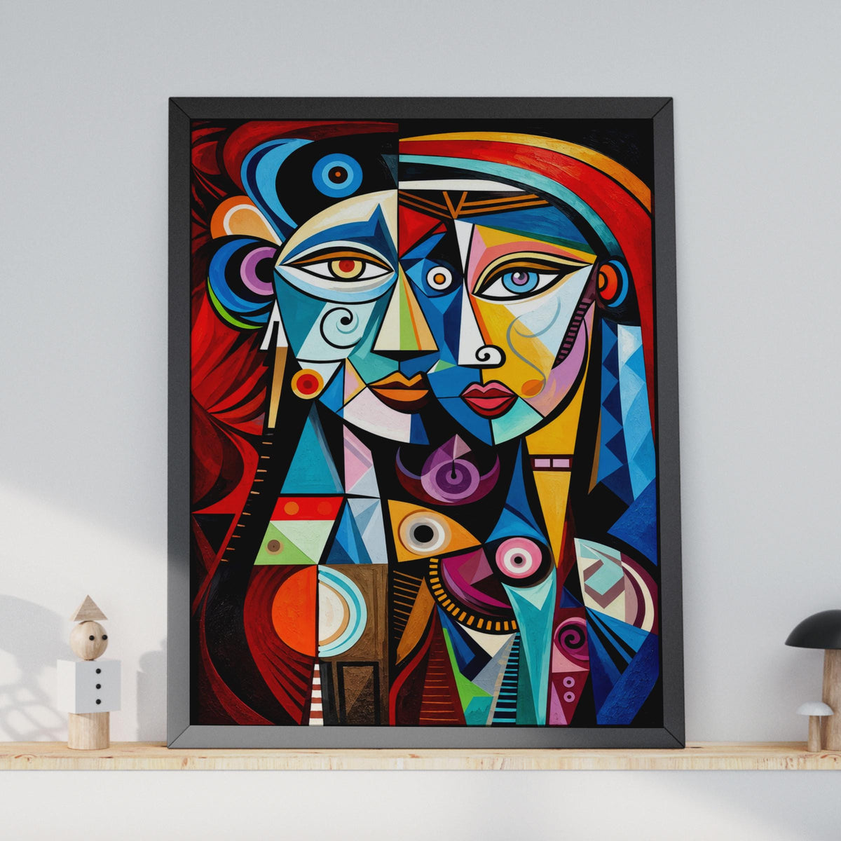 Cubist Two Faces Wall Art Print, Bold Geometric Portrait, Picasso Style (Ready to Frame)