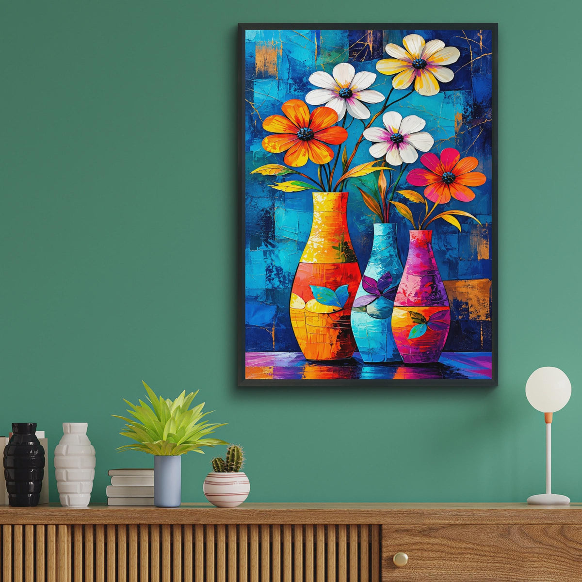 Bold Floral Vase Poster, Impasto Flower Still Life, Blue Orange Botanical Art (A4 Print)