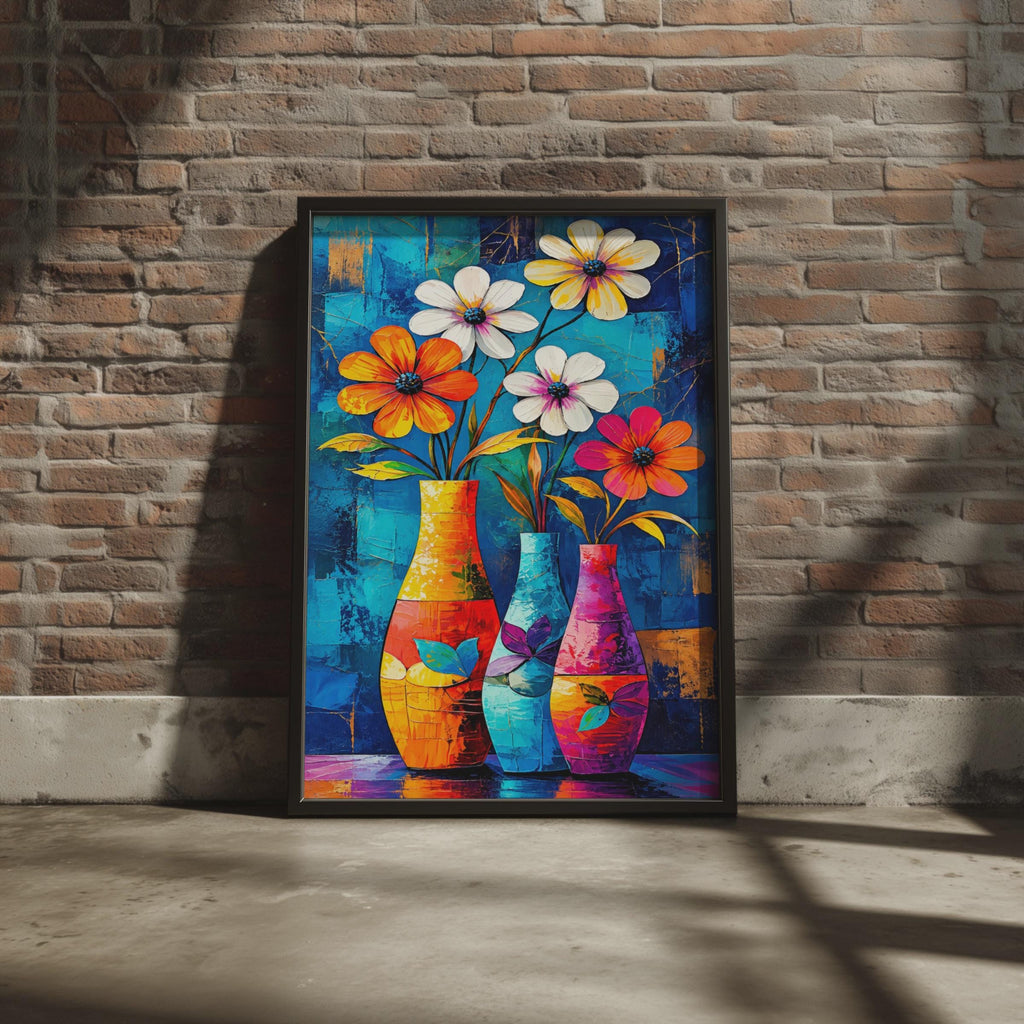 Bold Floral Vase Poster, Impasto Flower Still Life, Blue Orange Botanical Art (A4 Print)