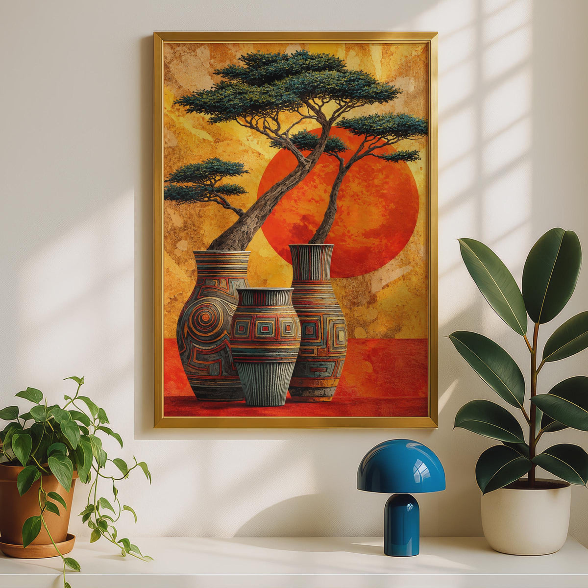 African Sunset Vases Wall Art Print, Tribal Pottery Acacia Tree Poster (Ready to Frame)