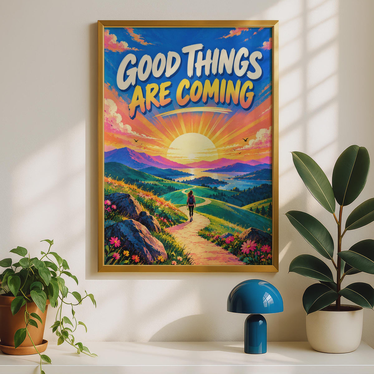 Good Things Are Coming Poster, Sunrise Hiking Landscape, Retro Inspirational Wall Art