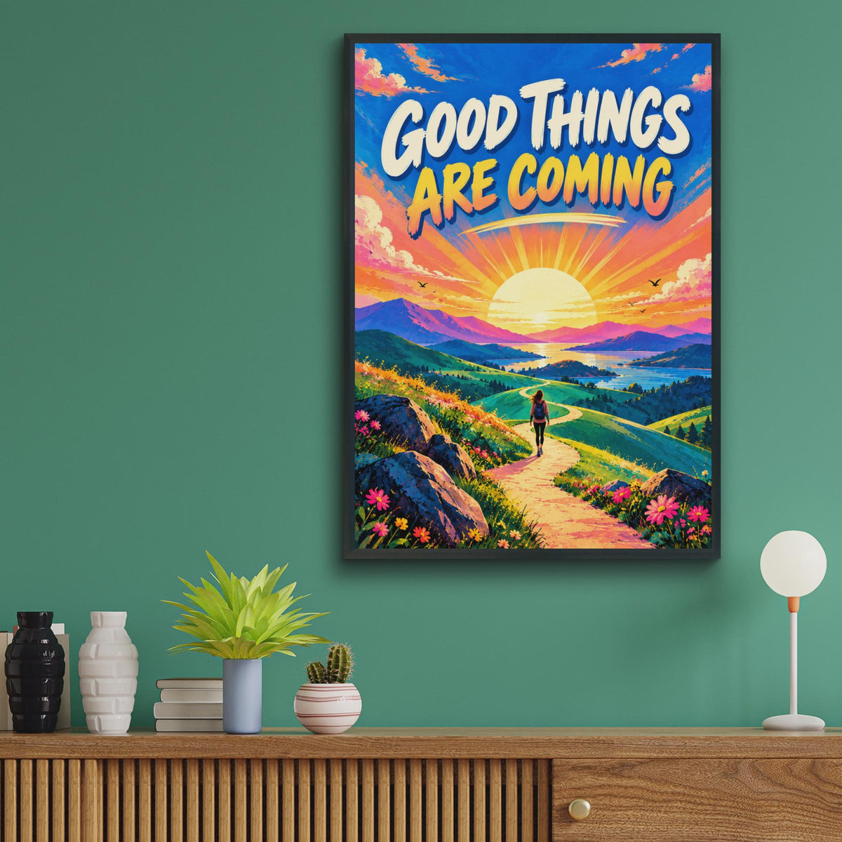 Good Things Are Coming Poster, Sunrise Hiking Landscape, Retro Inspirational Wall Art