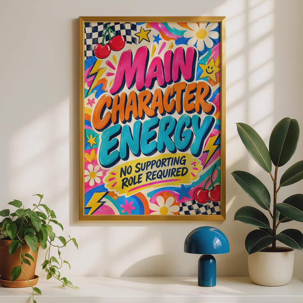 Main Character Energy Poster, Retro Groovy Wall Art, Bold Quote Print (A2)