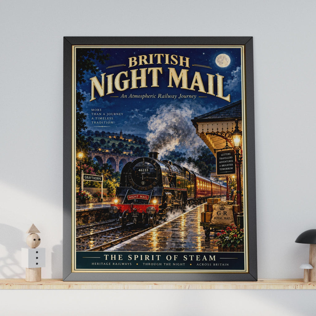 British Night Mail Steam Train Poster, Vintage Railway Print, Heritage Locomotive Wall Art
