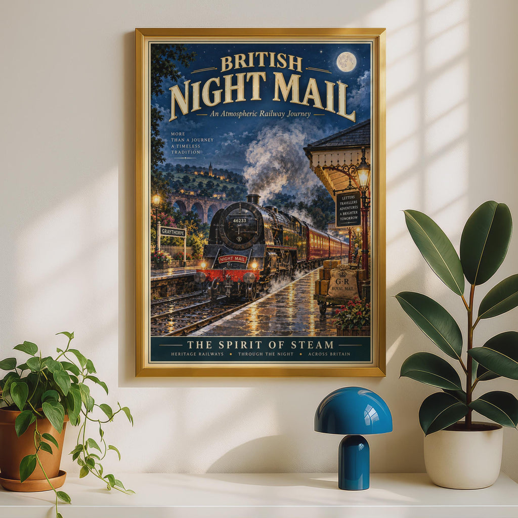 British Night Mail Steam Train Poster, Vintage Railway Print, Heritage Locomotive Wall Art