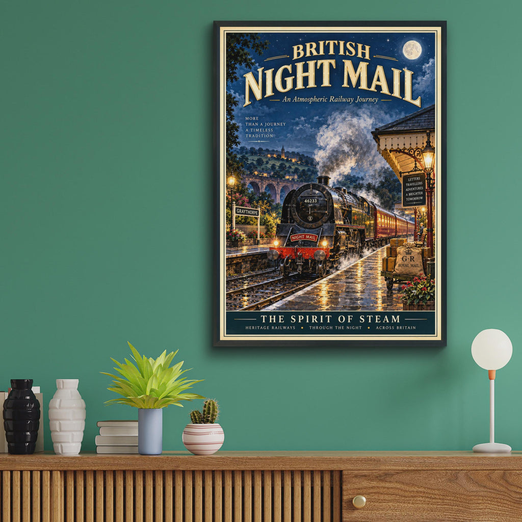 British Night Mail Steam Train Poster, Vintage Railway Print, Heritage Locomotive Wall Art