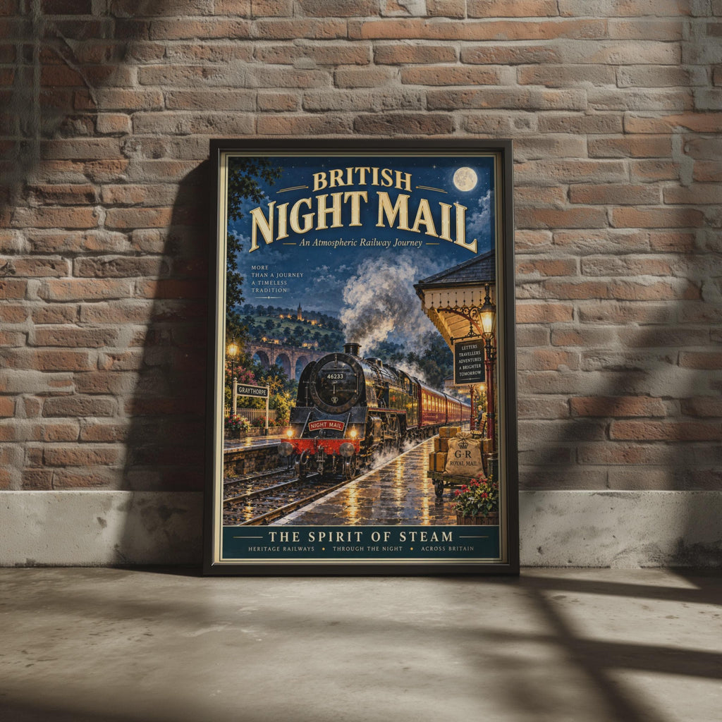 British Night Mail Steam Train Poster, Vintage Railway Print, Heritage Locomotive Wall Art
