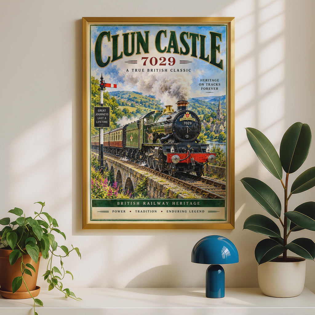 Clun Castle 7029 Steam Train Poster, GWR Locomotive Wall Art (Physical Print)