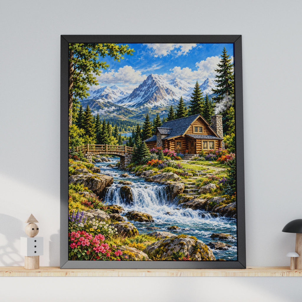 Log Cabin Waterfall Landscape Print, Snowy Peaks Nature Wall Art (240gsm Matte)