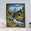 Log Cabin Waterfall Landscape Print, Snowy Peaks Nature Wall Art (240gsm Matte)