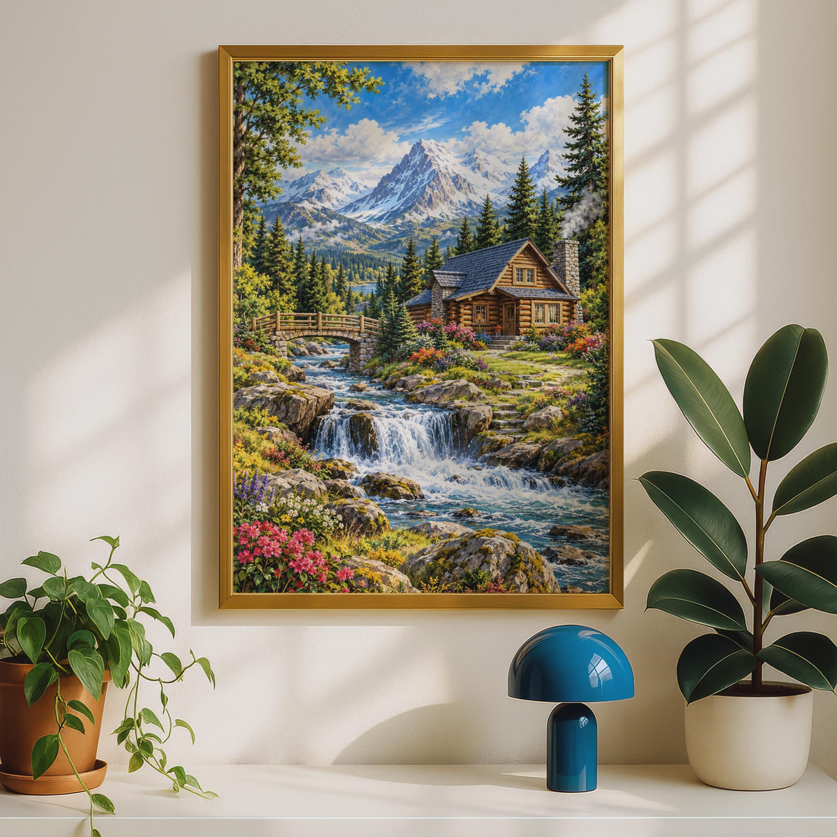 Log Cabin Waterfall Landscape Print, Snowy Peaks Nature Wall Art (240gsm Matte)