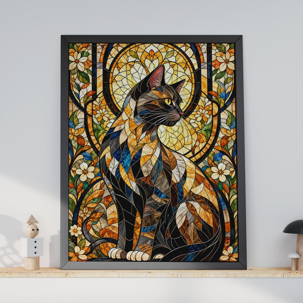 Stained Glass Cat Poster, Floral Mosaic Cat Wall Art Print, Tiffany Style Tabby Cat, Colourful Cat Lover Gift, Living Room Animal Decor