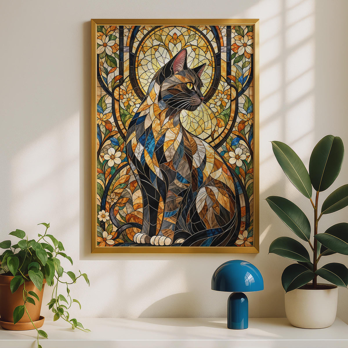 Stained Glass Cat Poster, Floral Mosaic Cat Wall Art Print, Tiffany Style Tabby Cat, Colourful Cat Lover Gift, Living Room Animal Decor