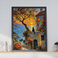 Black Cat Mediterranean Sunset Print, Coastal Bougainvillea Villa Wall Art (Poster)