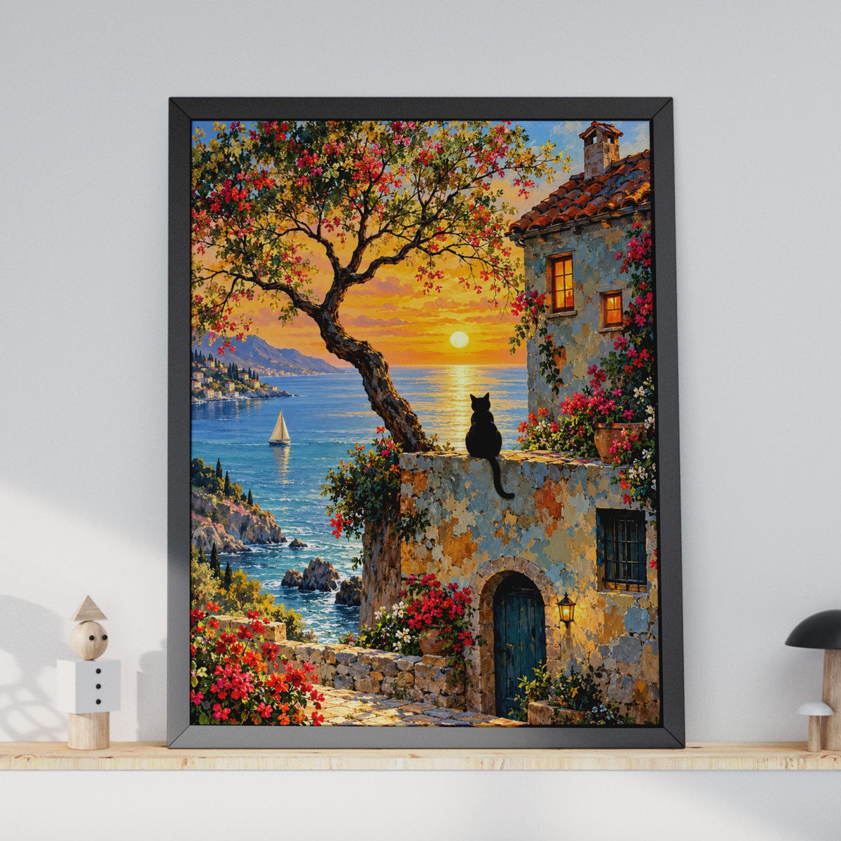 Black Cat Mediterranean Sunset Print, Coastal Bougainvillea Villa Wall Art (Poster)