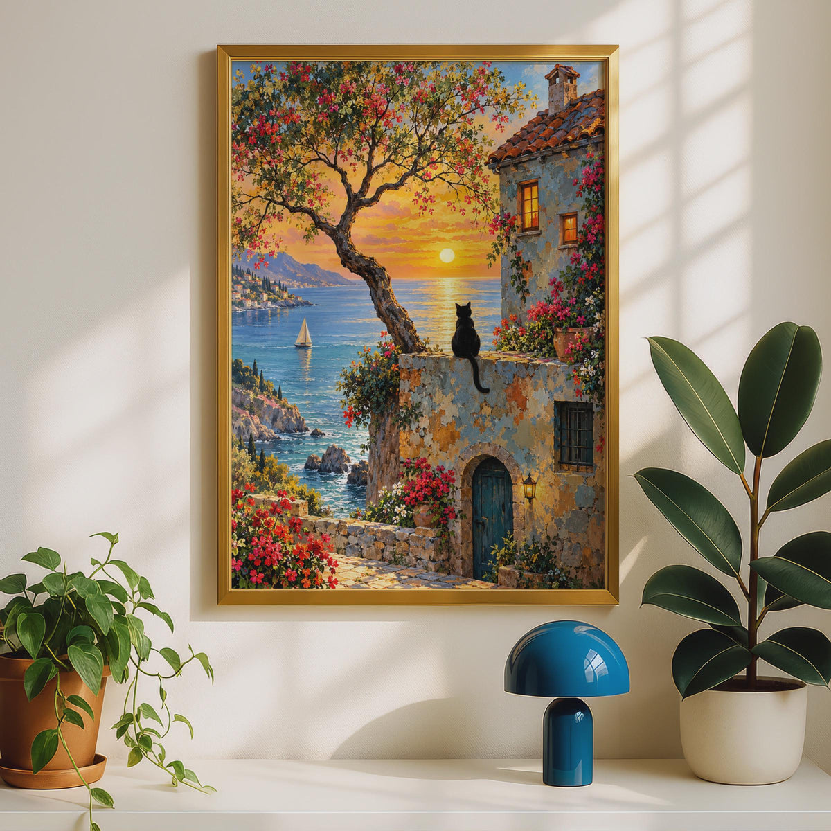 Black Cat Mediterranean Sunset Print, Coastal Bougainvillea Villa Wall Art (Poster)