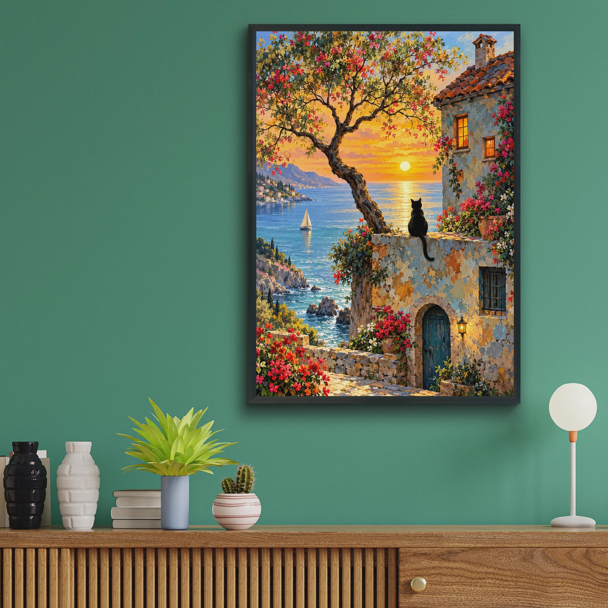 Black Cat Mediterranean Sunset Print, Coastal Bougainvillea Villa Wall Art (Poster)