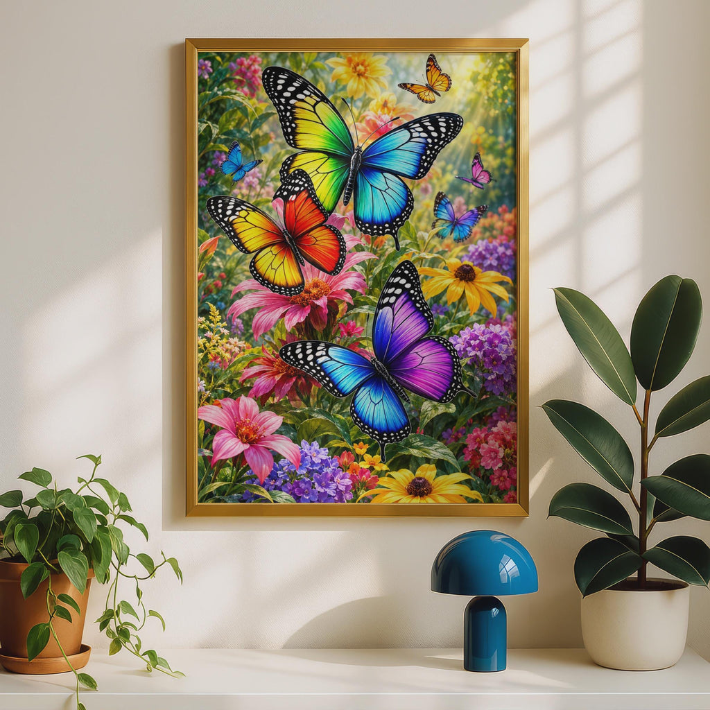 Rainbow Butterfly Garden Print, Vibrant Floral Wall Art, Nature Lover Gift