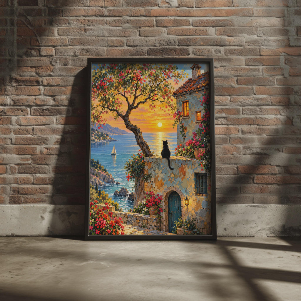 Black Cat Mediterranean Sunset Print, Coastal Bougainvillea Villa Wall Art (Poster)