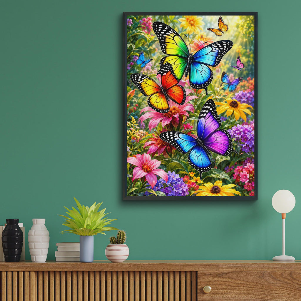 Rainbow Butterfly Garden Print, Vibrant Floral Wall Art, Nature Lover Gift