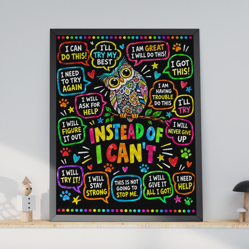 Instead of I Can't Owl Poster, Growth Mindset Classroom Wall Art (Physical Print)