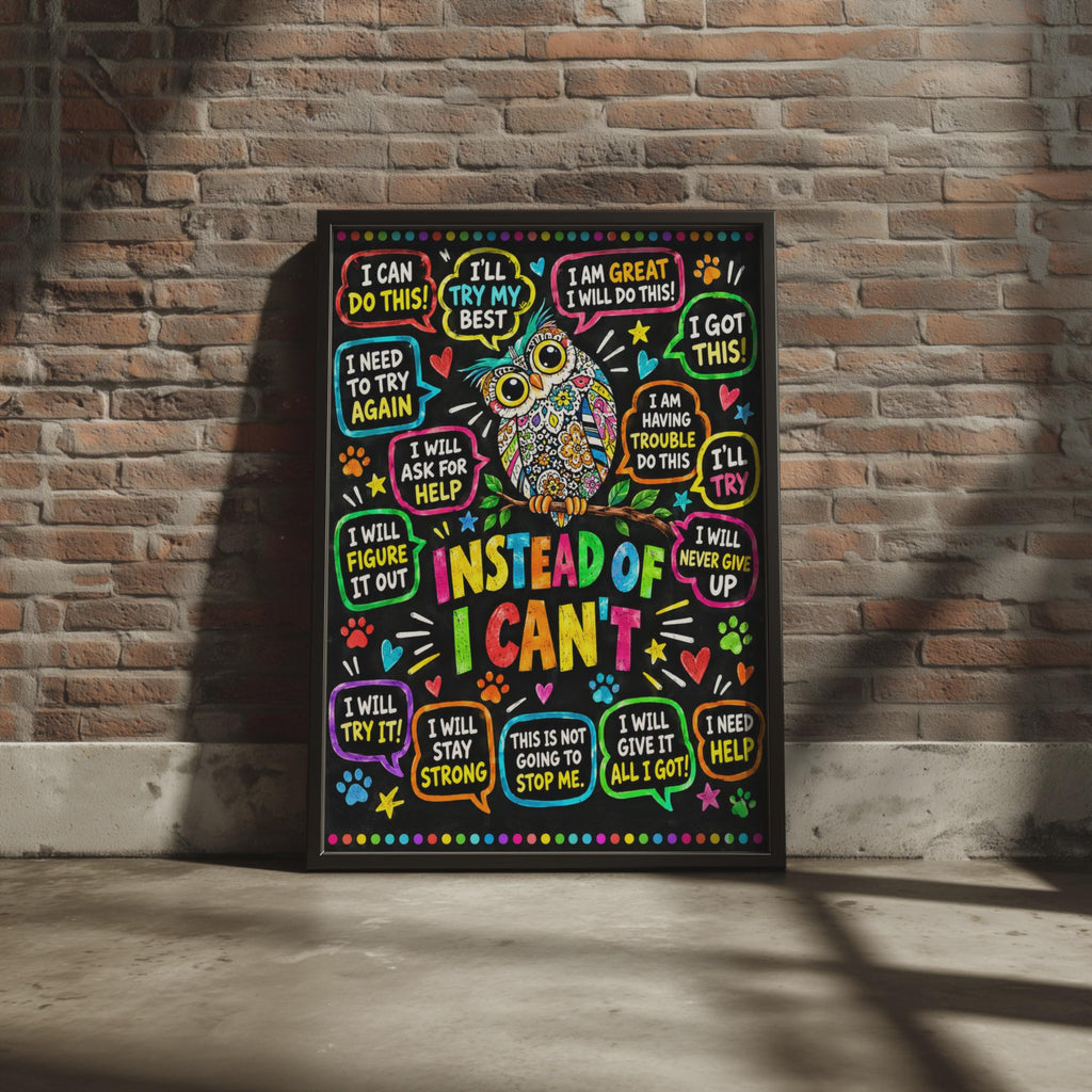 Instead of I Can't Owl Poster, Growth Mindset Classroom Wall Art (Physical Print)