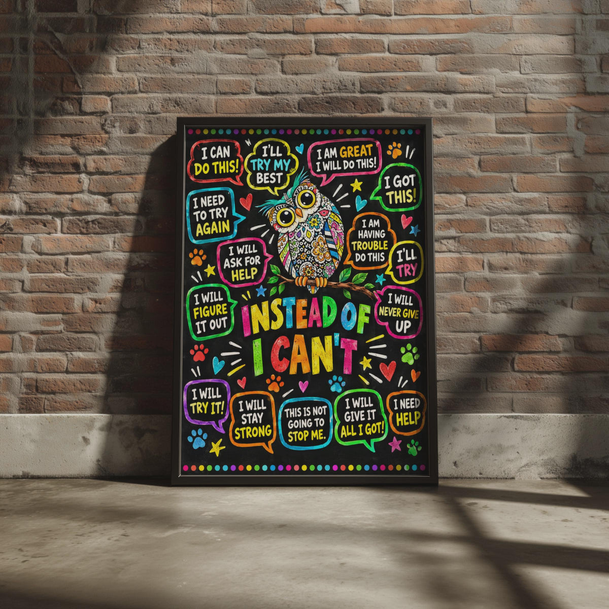 Instead of I Can't Owl Poster, Growth Mindset Classroom Wall Art (Physical Print)