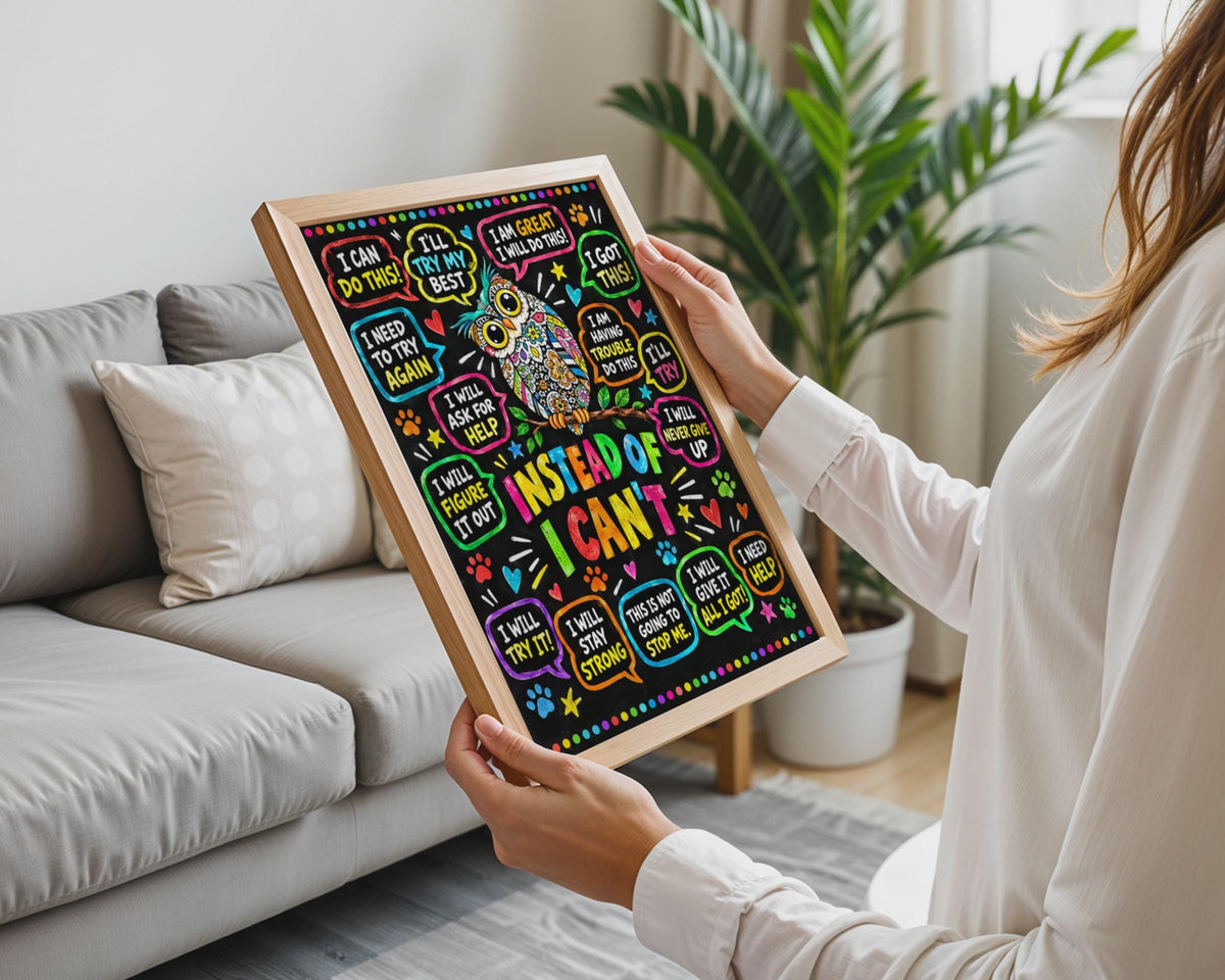 Instead of I Can't Owl Poster, Growth Mindset Classroom Wall Art (Physical Print)