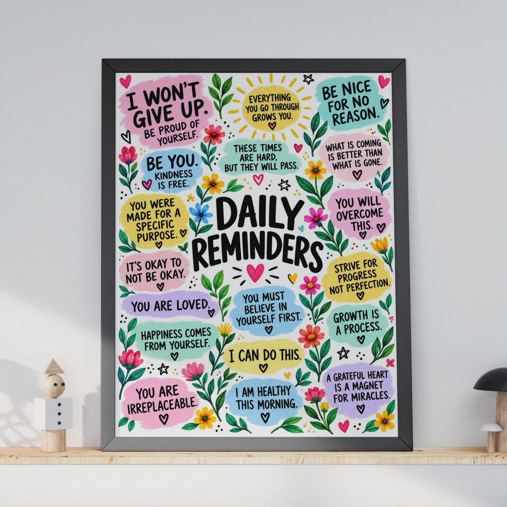 Daily Reminders Motivational Poster, Affirmations Wall Art, Mental Health Decor (Printed)