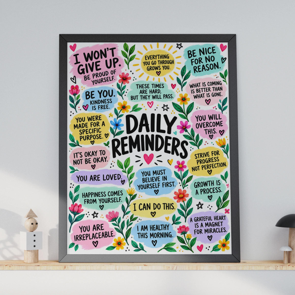 Daily Reminders Motivational Poster, Affirmations Wall Art, Mental Health Decor (Printed)