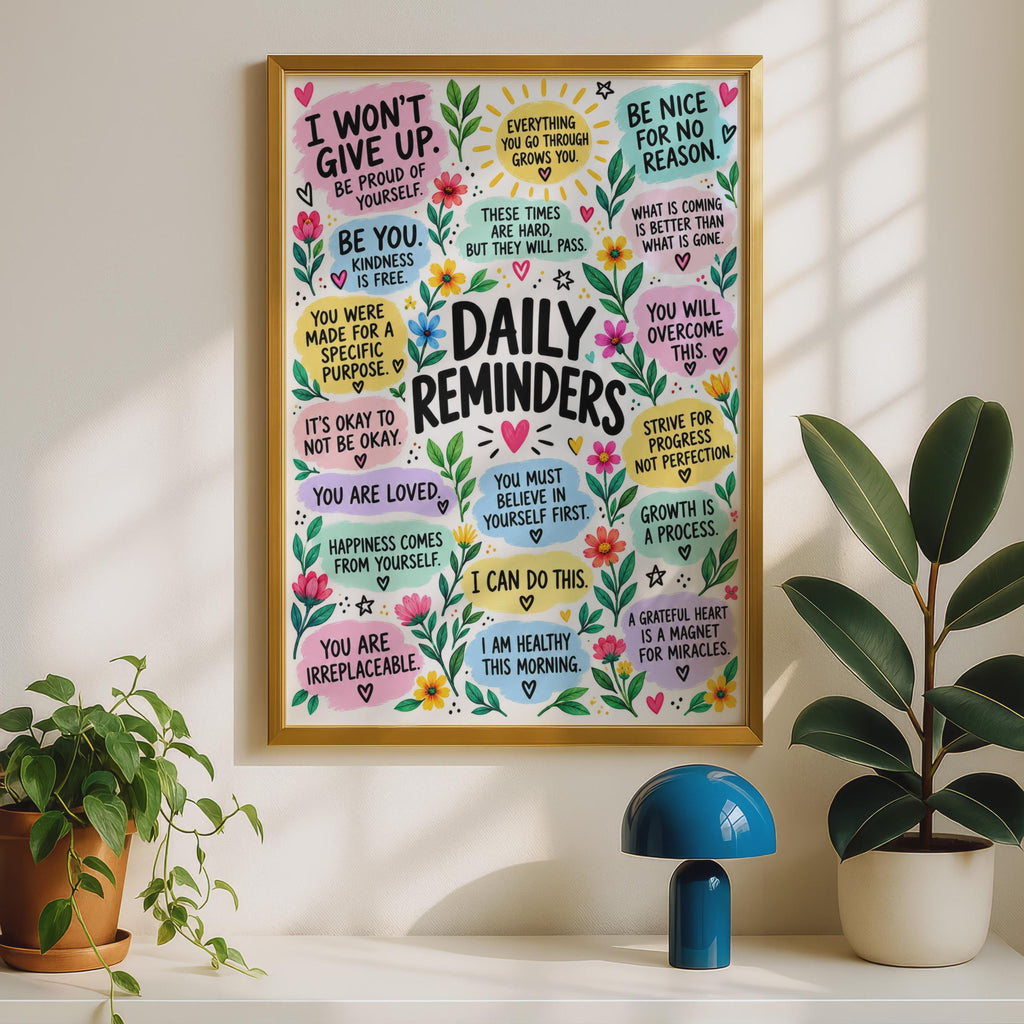 Daily Reminders Motivational Poster, Affirmations Wall Art, Mental Health Decor (Printed)