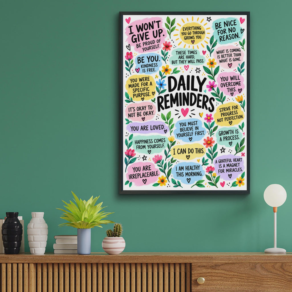 Daily Reminders Motivational Poster, Affirmations Wall Art, Mental Health Decor (Printed)